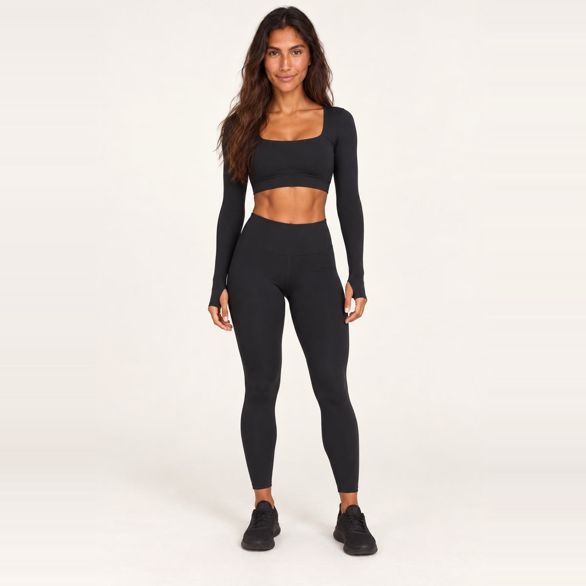 Square-Neck Long Sleeve Crop Top and Leggings Set - Black