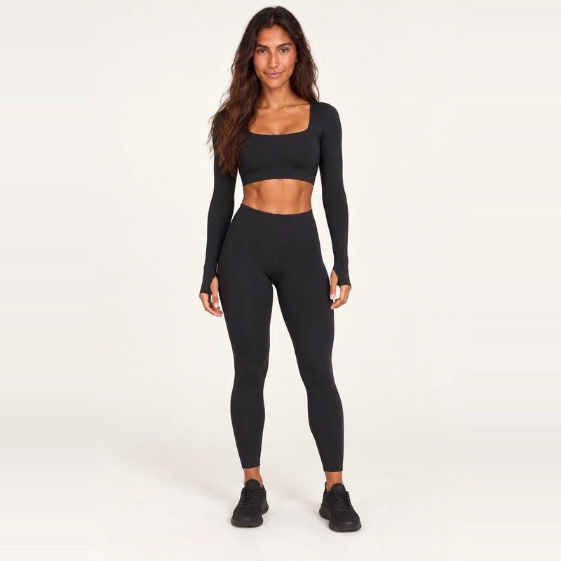 Square-Neck Long Sleeve Crop Top and Leggings Set - Black