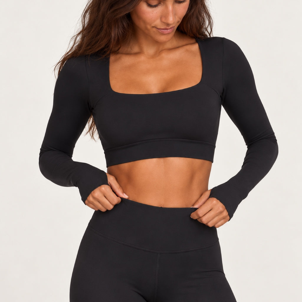 Square-Neck Long Sleeve Crop Top and Leggings Set - detail