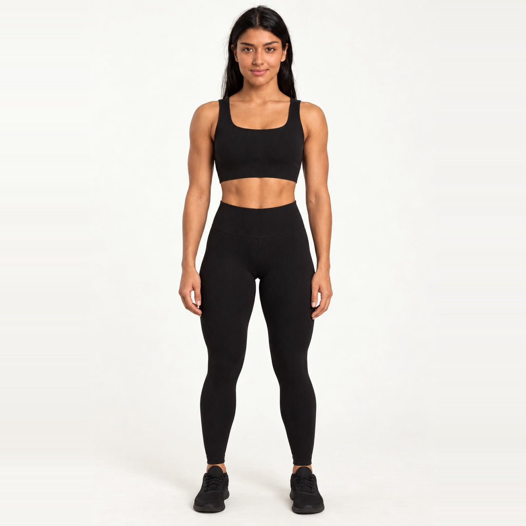 Workout Set with Square-Neck Crop Tank and Leggings - Black
