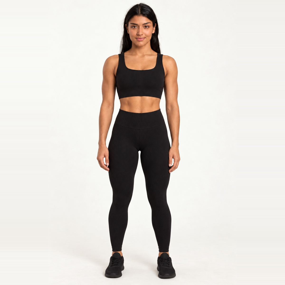 Workout Set with Square-Neck Crop Tank and Leggings - Black
