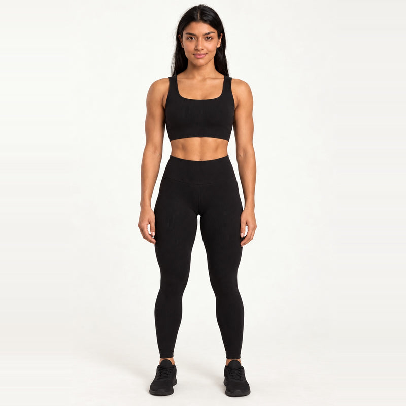 Workout Set with Square-Neck Crop Tank and Leggings - Black