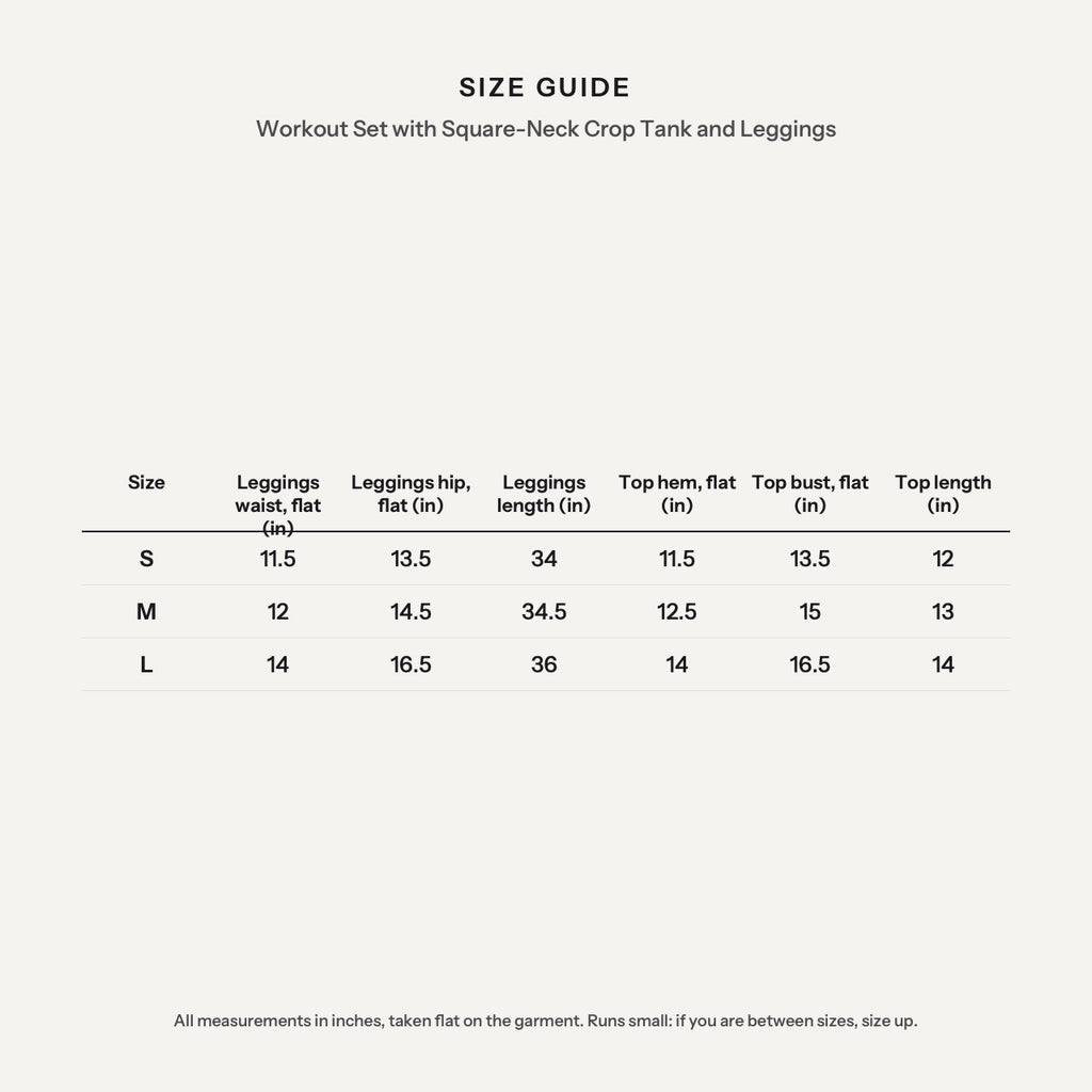 Workout Set with Square-Neck Crop Tank and Leggings - size guide