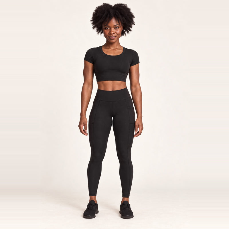 Workout Set with Short-Sleeve Top and Pocket Leggings - Black