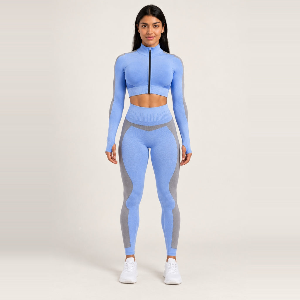 Workout Set with Zip-Up Crop Jacket and Paneled Leggings - Blue