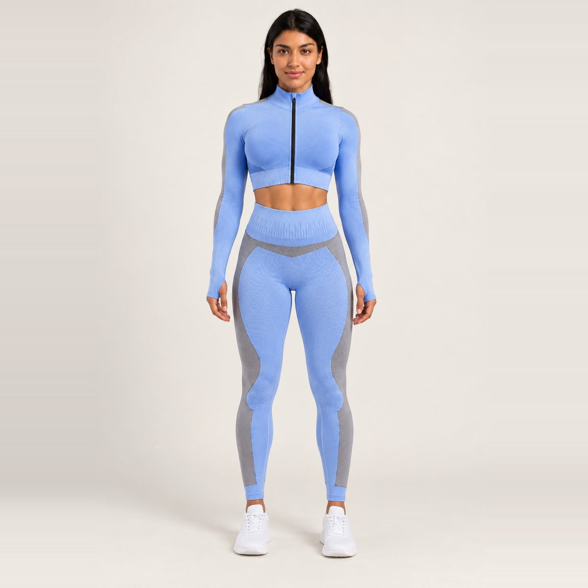 Workout Set with Zip-Up Crop Jacket and Paneled Leggings - Blue