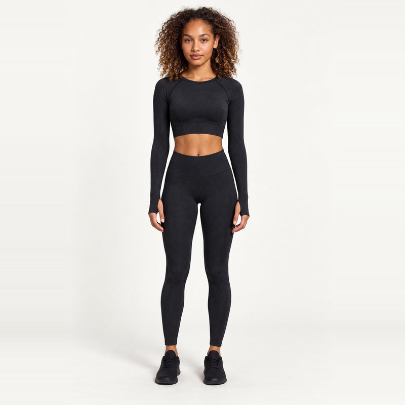 Long Sleeve Crop Top and Heathered Leggings Set - Black