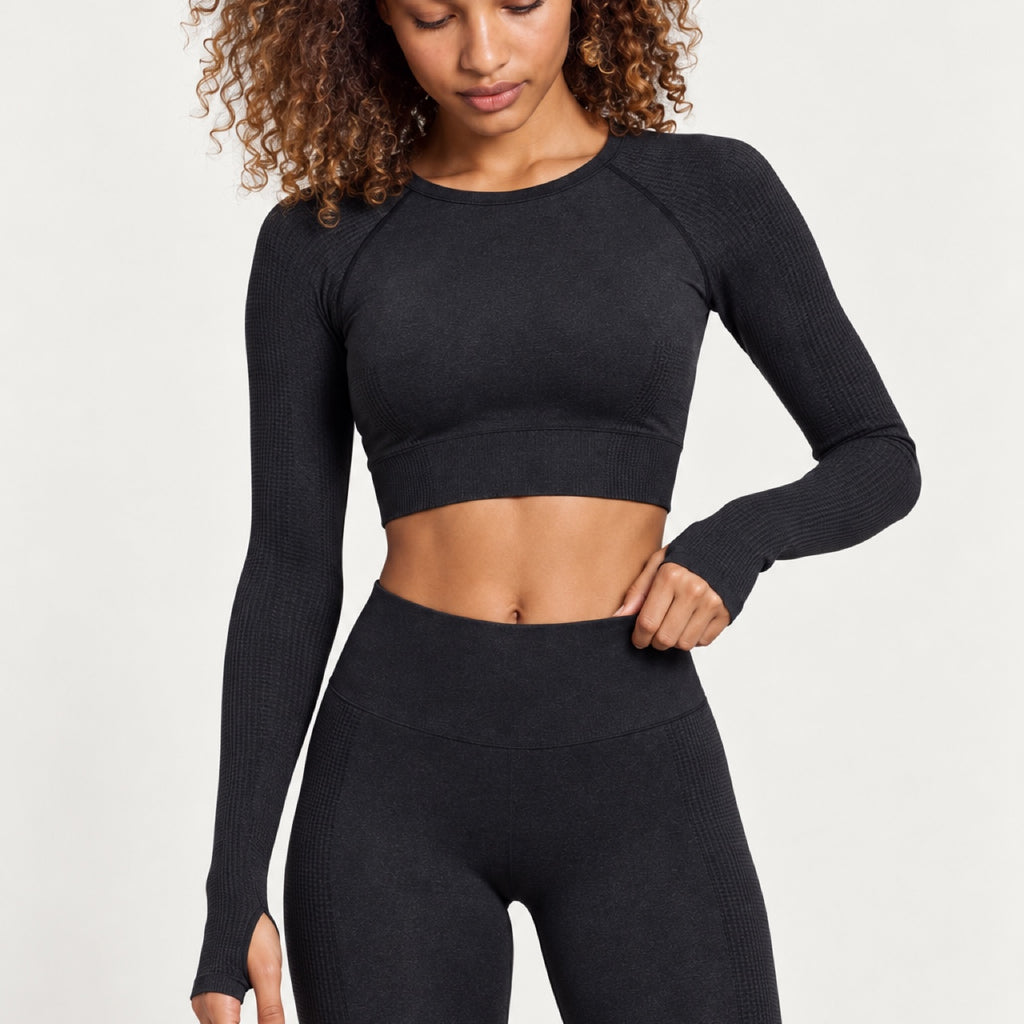 Long Sleeve Crop Top and Heathered Leggings Set - detail