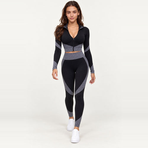 Contrast-Panel Zip-Neck Top and Leggings Set - Gray