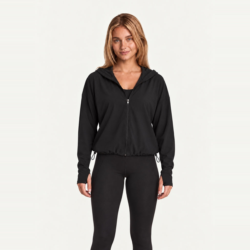 Hooded Zip-Up Workout Jacket with Drawstring Hem - Black