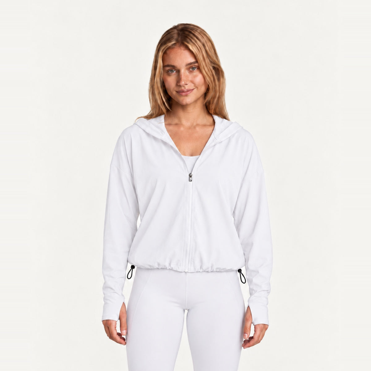 Hooded Zip-Up Workout Jacket with Drawstring Hem - White
