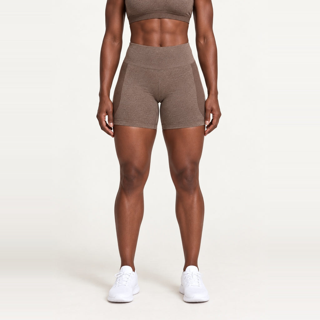 High-Waisted Heathered Workout Shorts - Brown