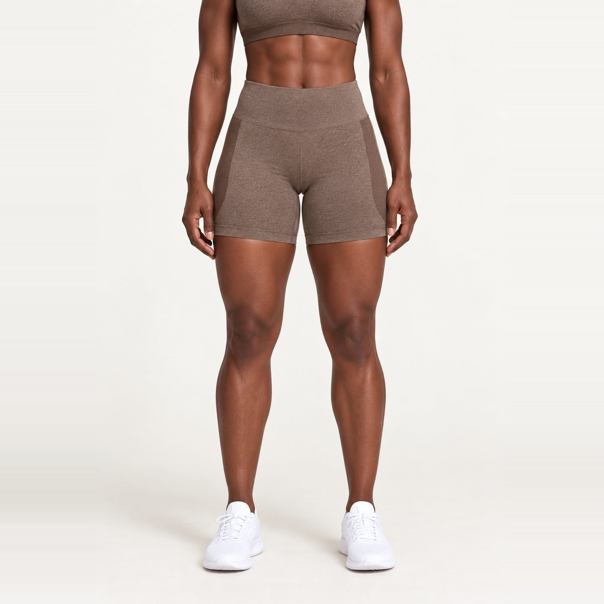 High-Waisted Heathered Workout Shorts - Brown