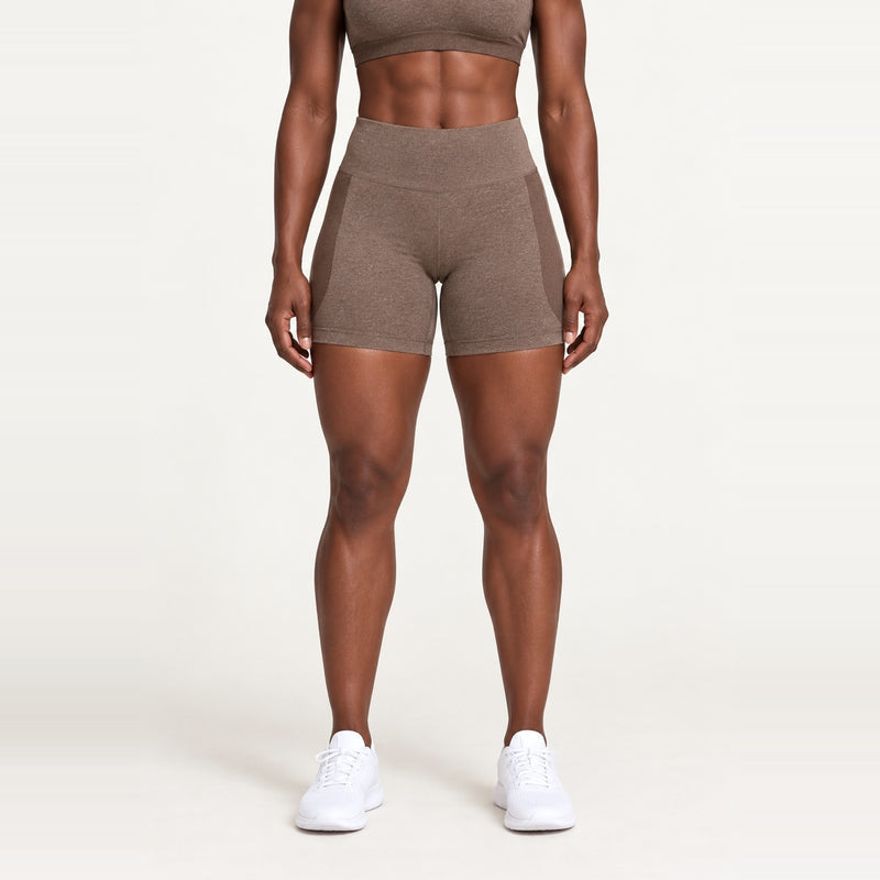 High-Waisted Heathered Workout Shorts - Brown