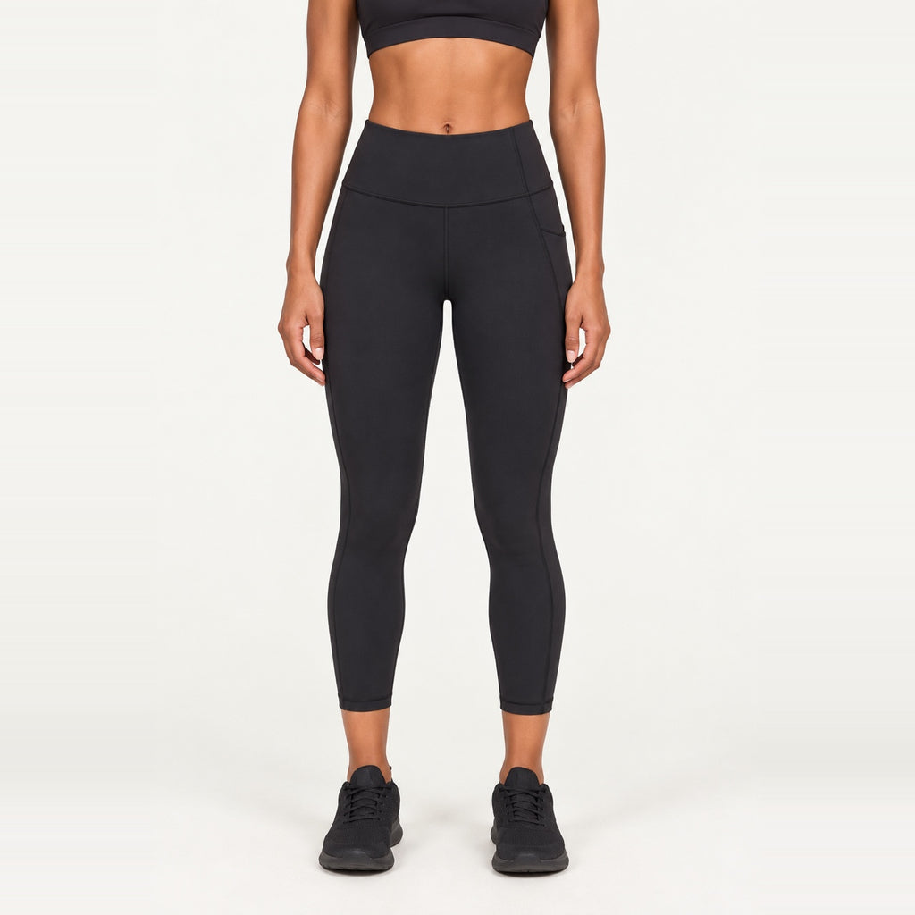 High-Waisted Cropped Leggings with Side Pockets - Black