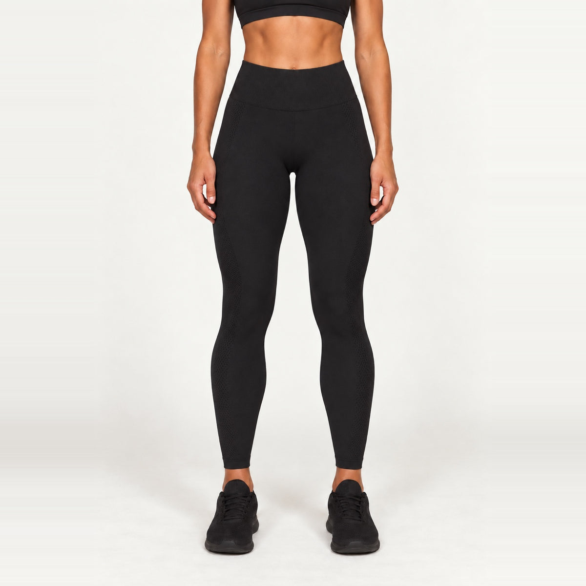 High-Waisted Nylon Leggings with Knit Panels - Black