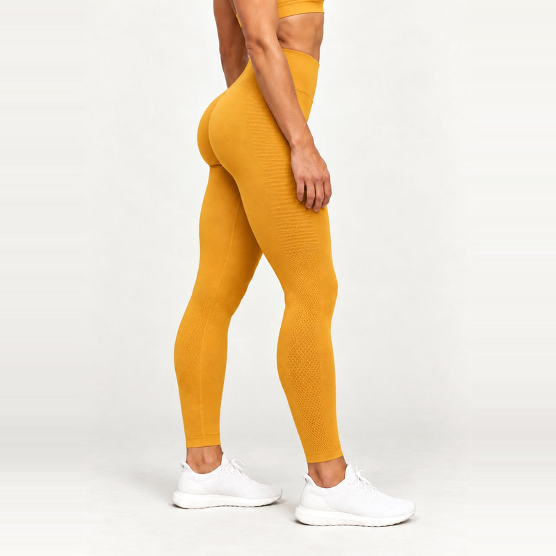 High-Waisted Nylon Leggings with Knit Panels - Mustard