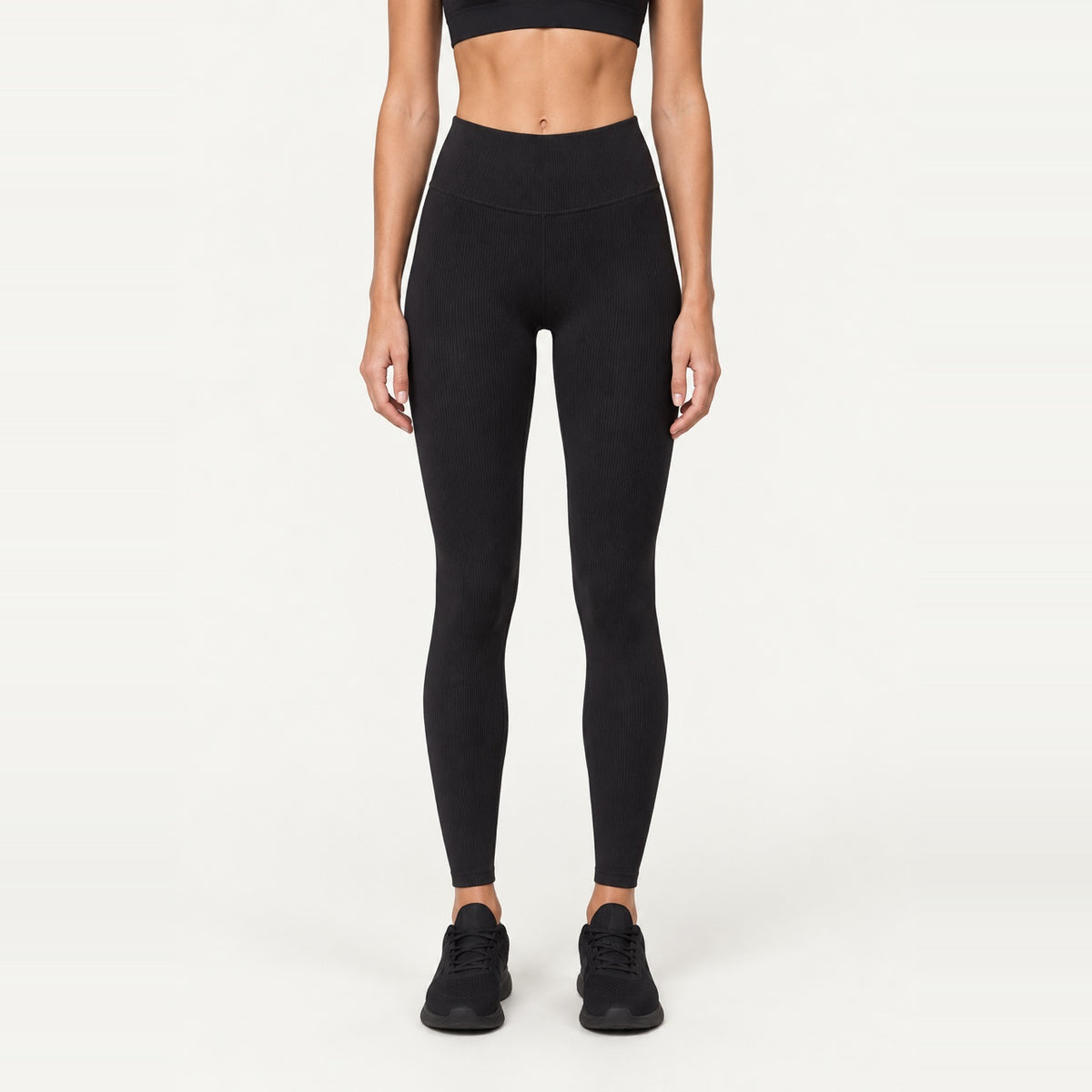 High-Waisted Solid Nylon Leggings - Black