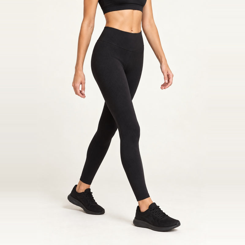High-Waisted Solid Nylon Leggings - Black
