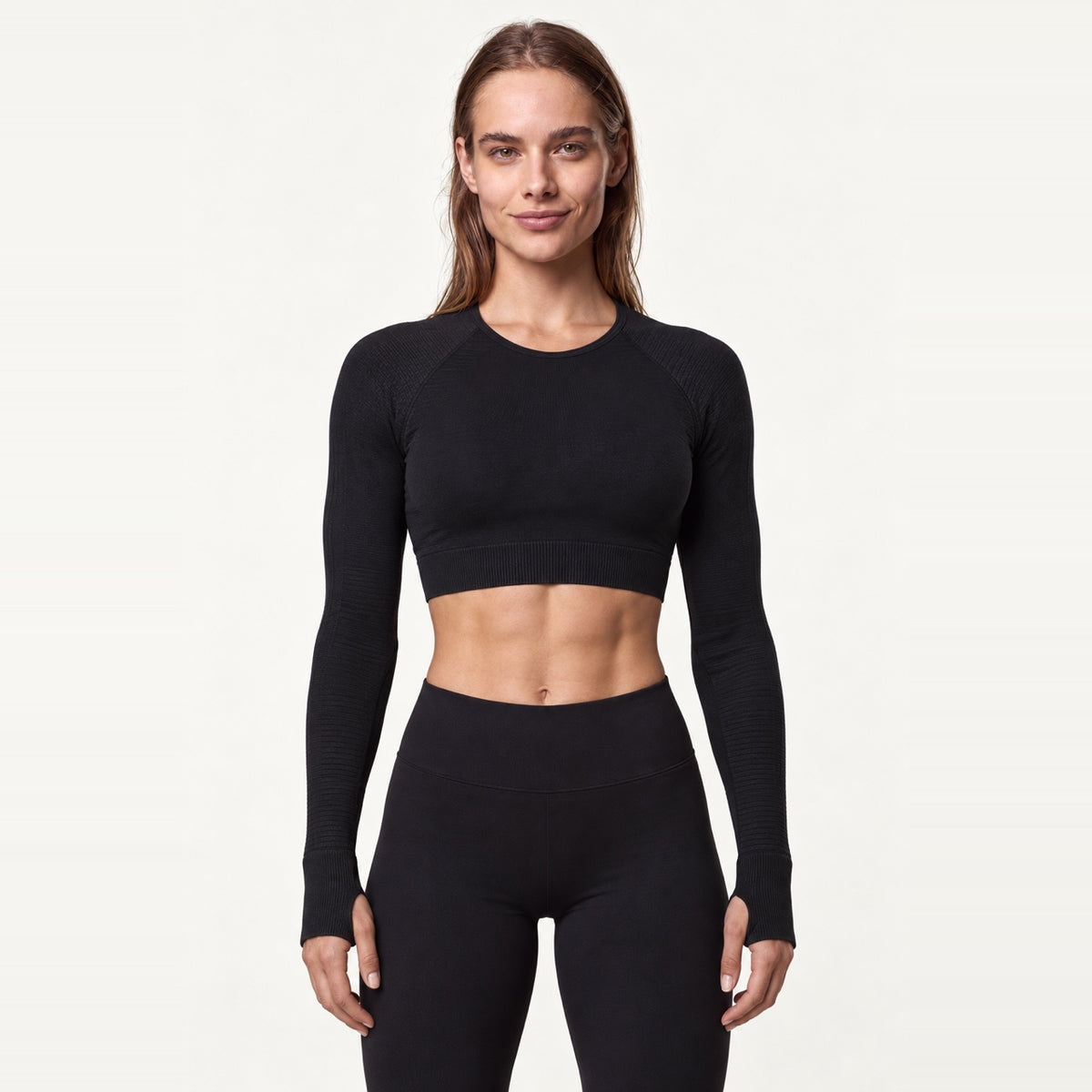 Long-Sleeve Crop Top with Textured Panels - Black