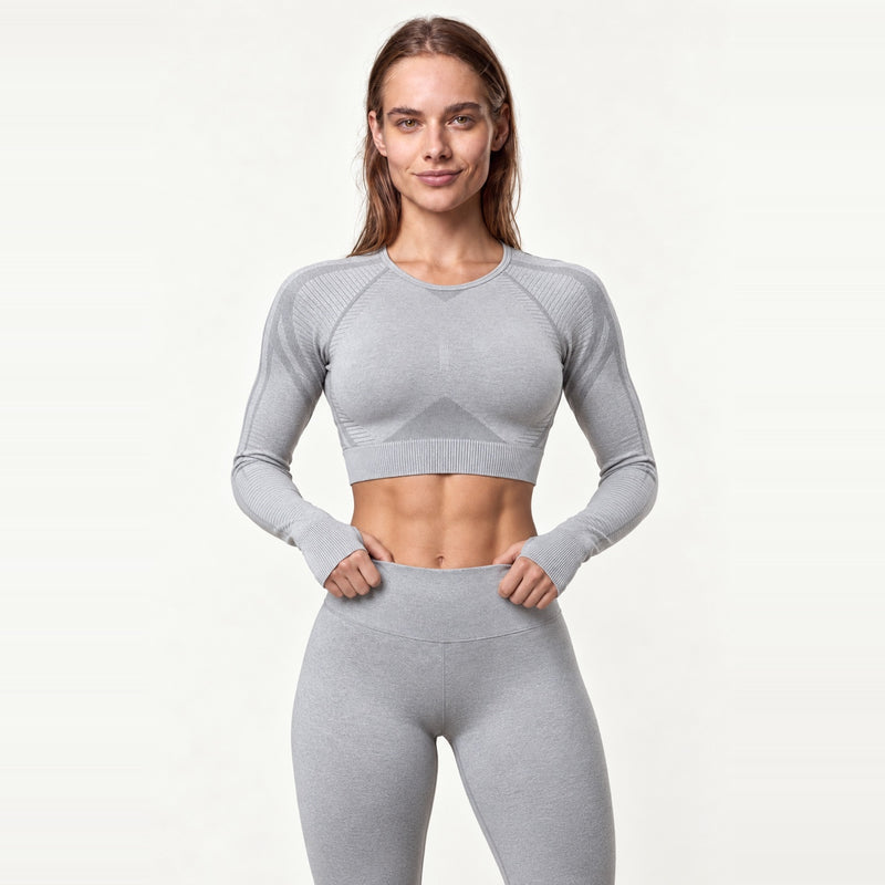 Long-Sleeve Crop Top with Textured Panels - Light Gray