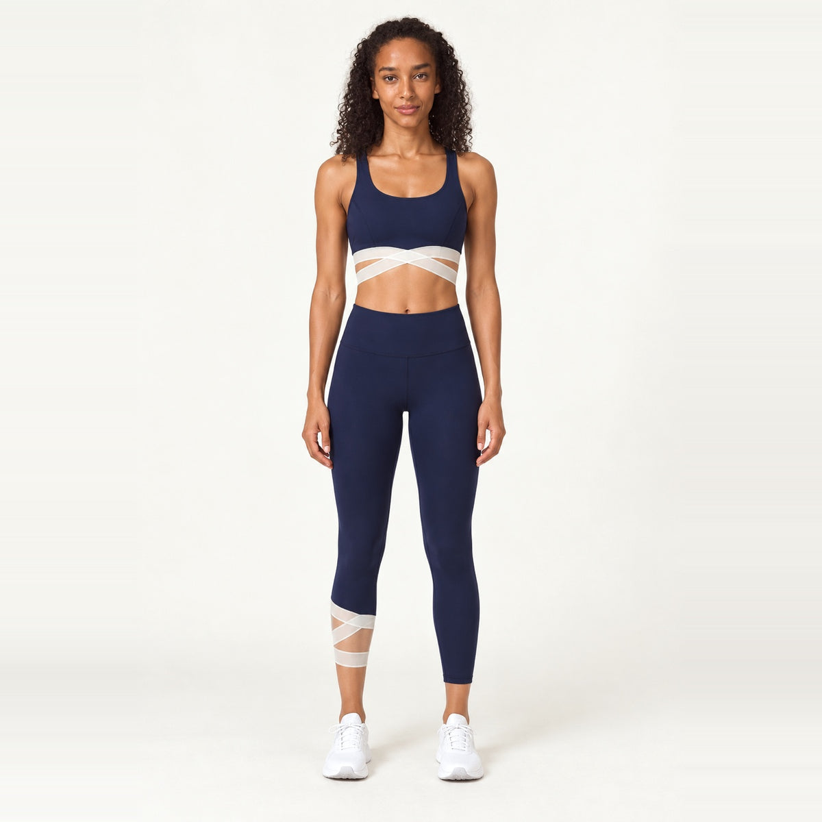 Sports Bra and Cropped Leggings Set with Mesh Panels - Navy