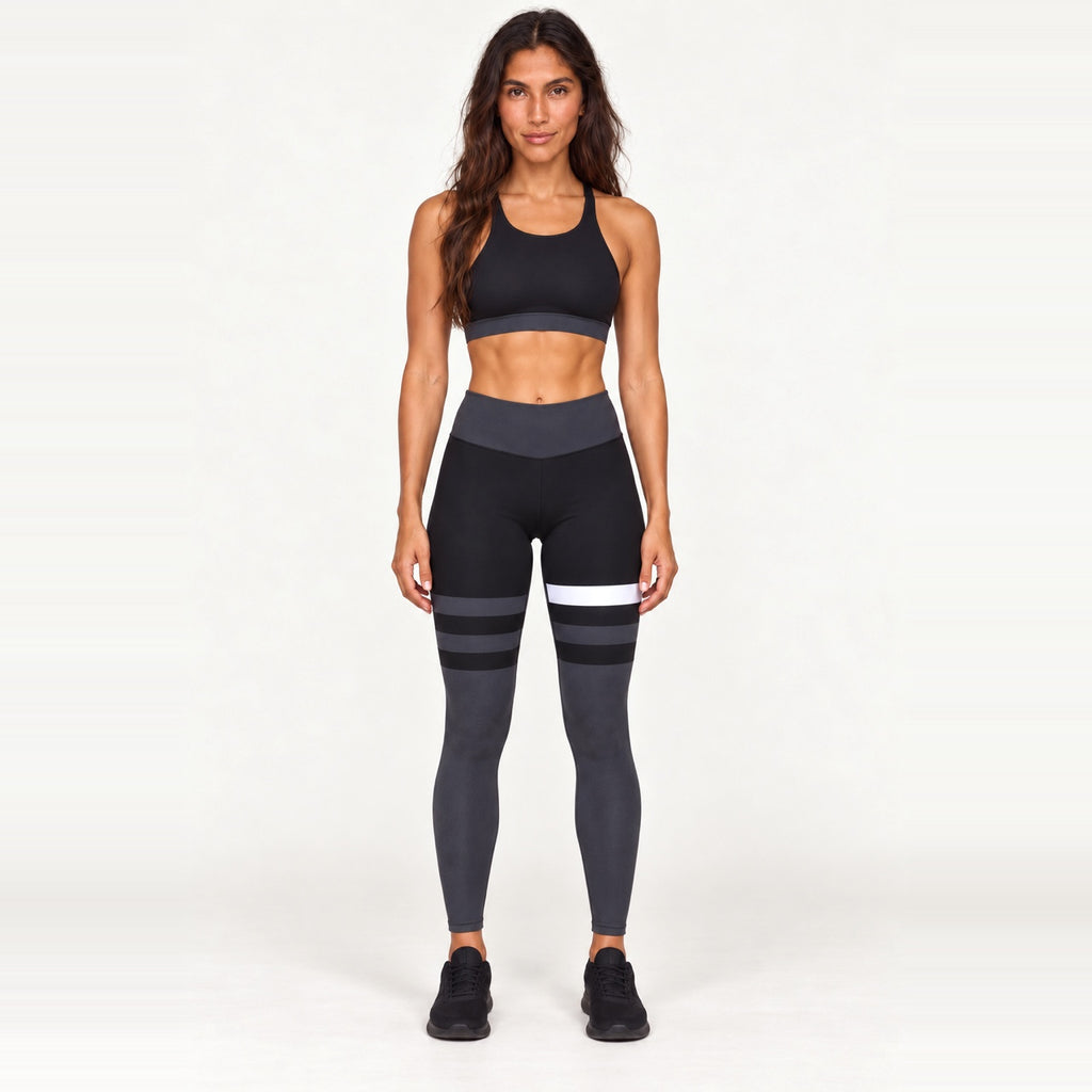 Sports Bra and Leggings Set with Contrast Stripes - Black