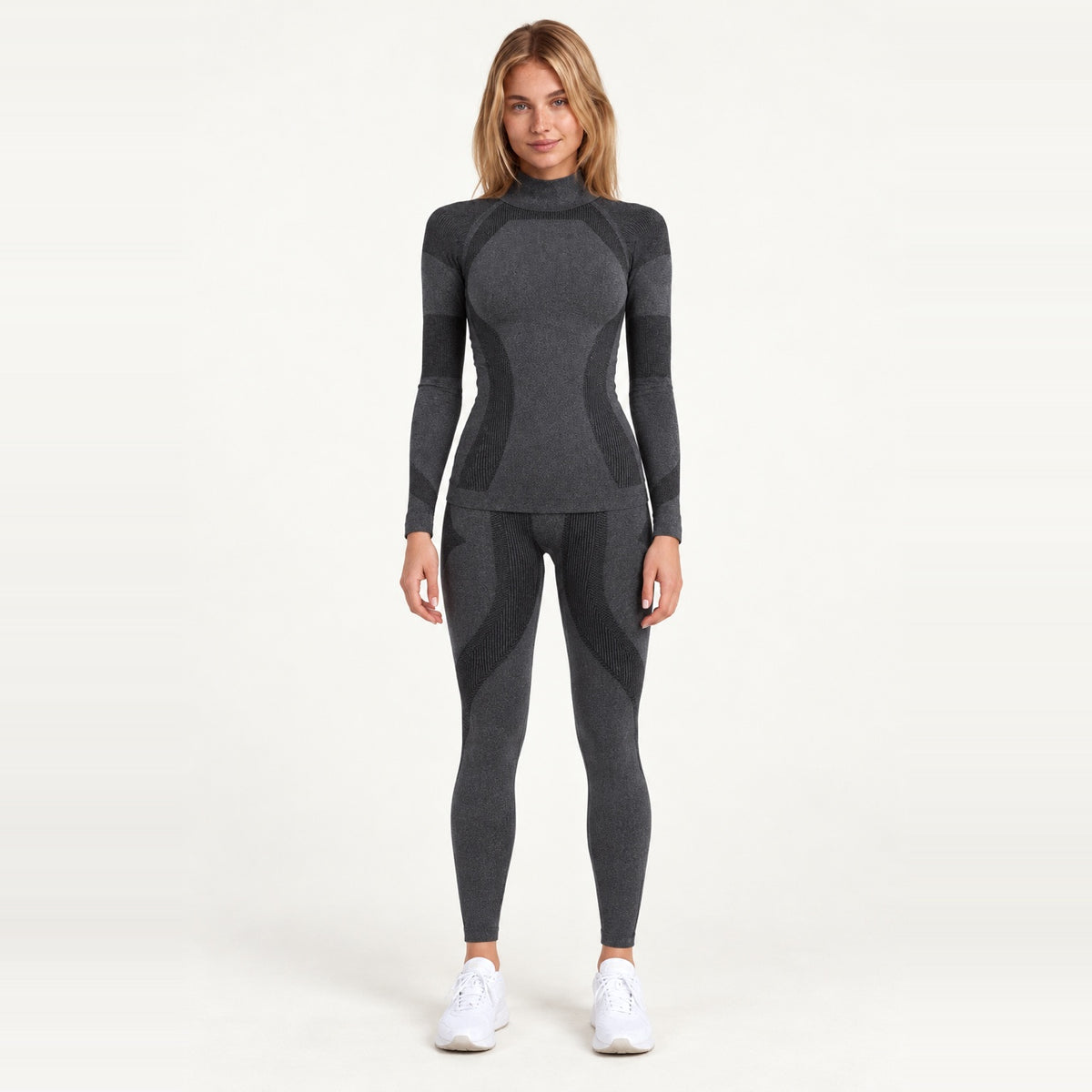 High-Neck Long-Sleeve Workout Set - Charcoal