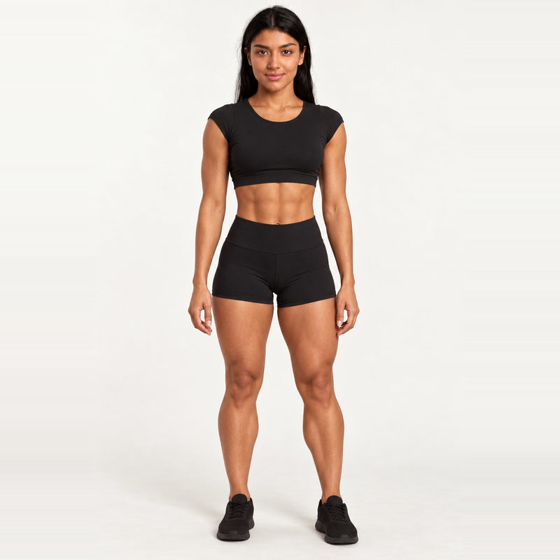 Short-Sleeve Crop Top and Fitted Shorts Set - Black