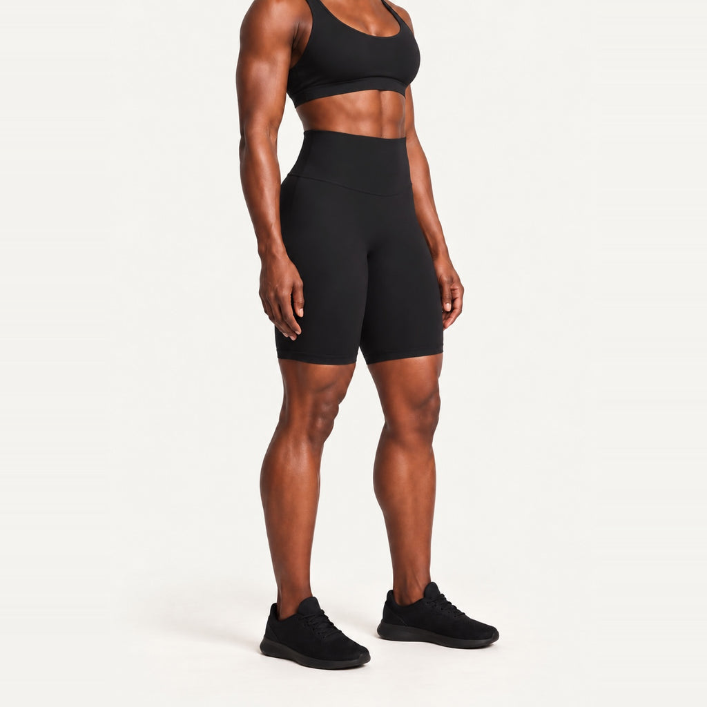 High-Waisted Biker Shorts with Curved Seams - side view