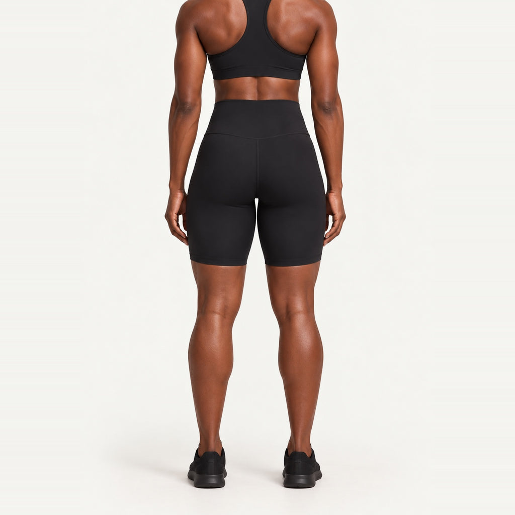 High-Waisted Biker Shorts with Curved Seams - back view