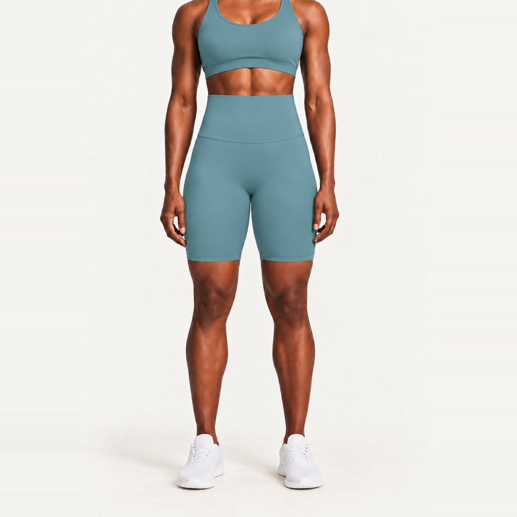 High-Waisted Biker Shorts with Curved Seams - Dusty Teal