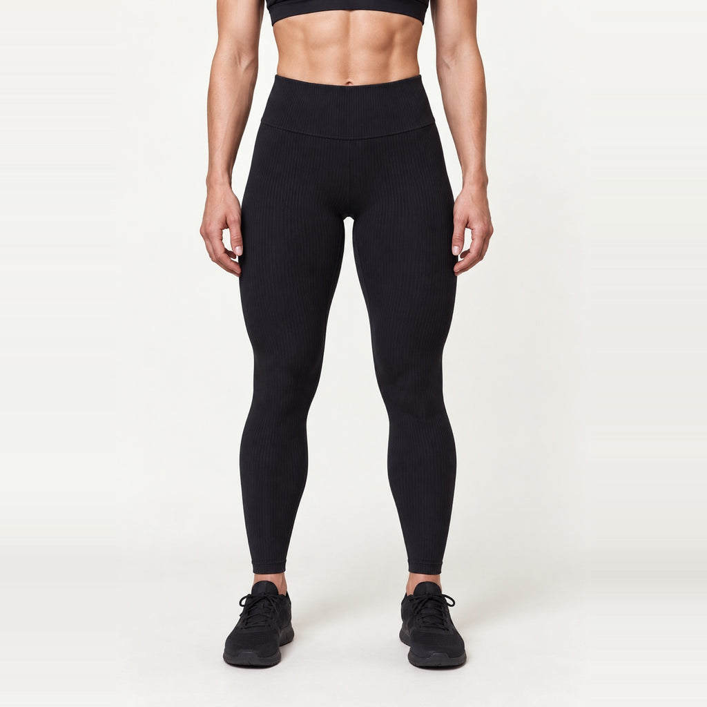 Ribbed High-Waisted Workout Leggings - Black
