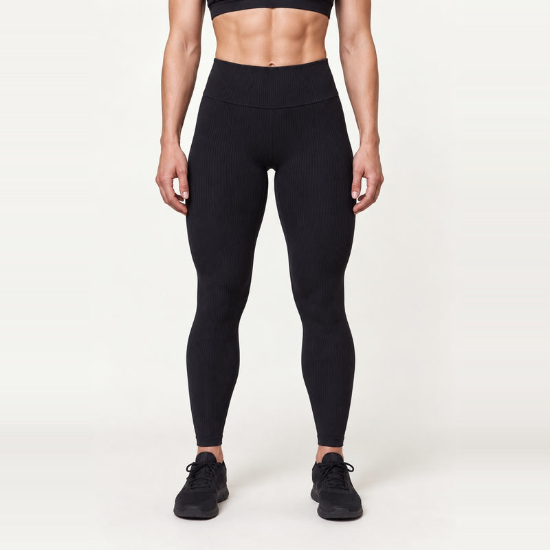 Ribbed High-Waisted Workout Leggings - Black