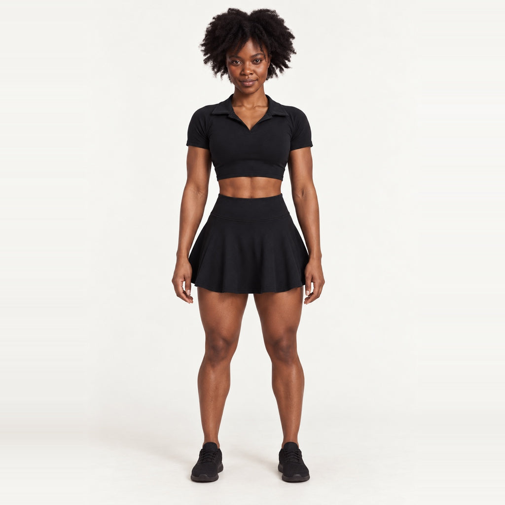 Collared Crop Top and Flared Skirt Set - Black