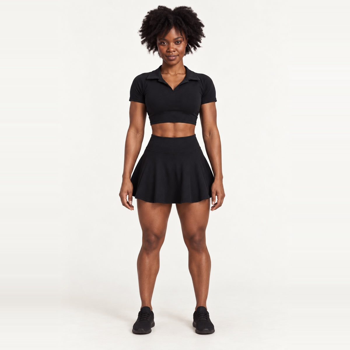 Collared Crop Top and Flared Skirt Set - Black