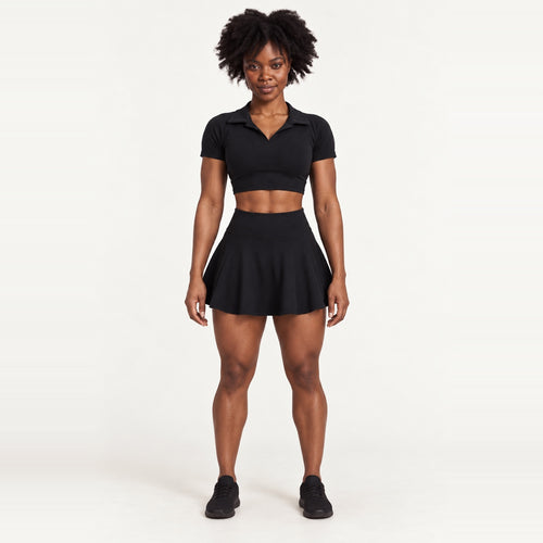 Collared Crop Top and Flared Skirt Set - Black