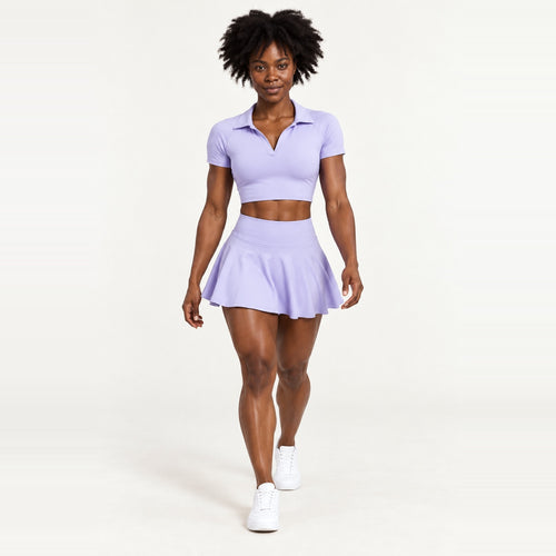 Collared Crop Top and Flared Skirt Set - Lavender
