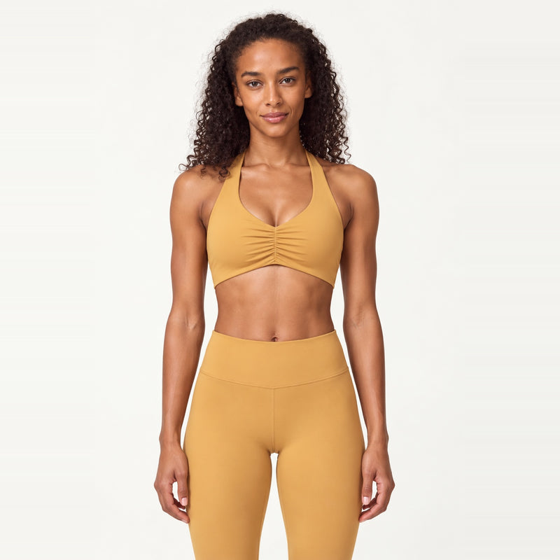Halter Sports Bra with Gathered Front - Mustard