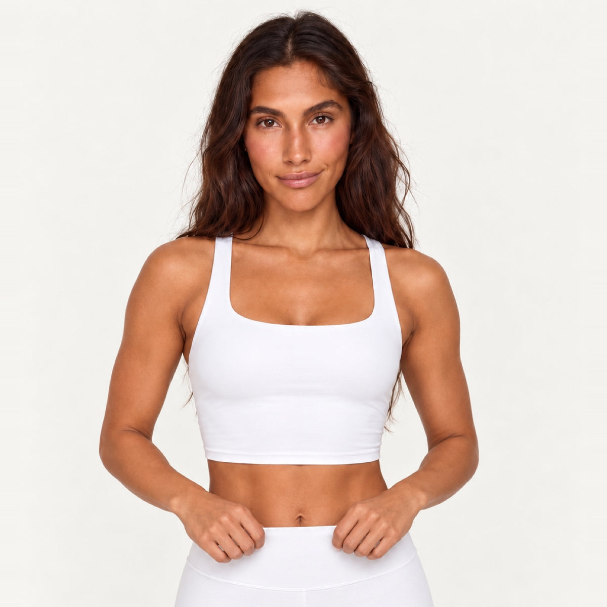 Cross-Back Crop Tank with Wide Straps - White