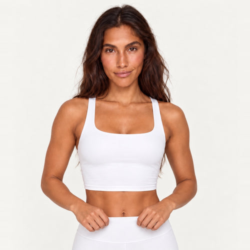 Cross-Back Crop Tank with Wide Straps - White