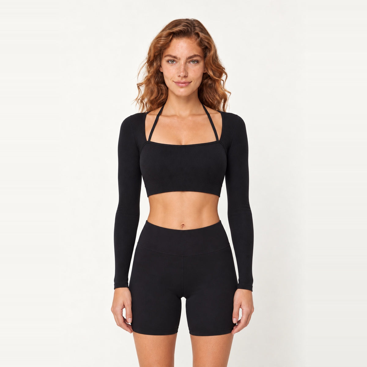 Long Sleeve Crop Top with Square Neckline - Black