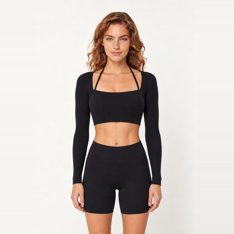 Long Sleeve Crop Top with Square Neckline - Black