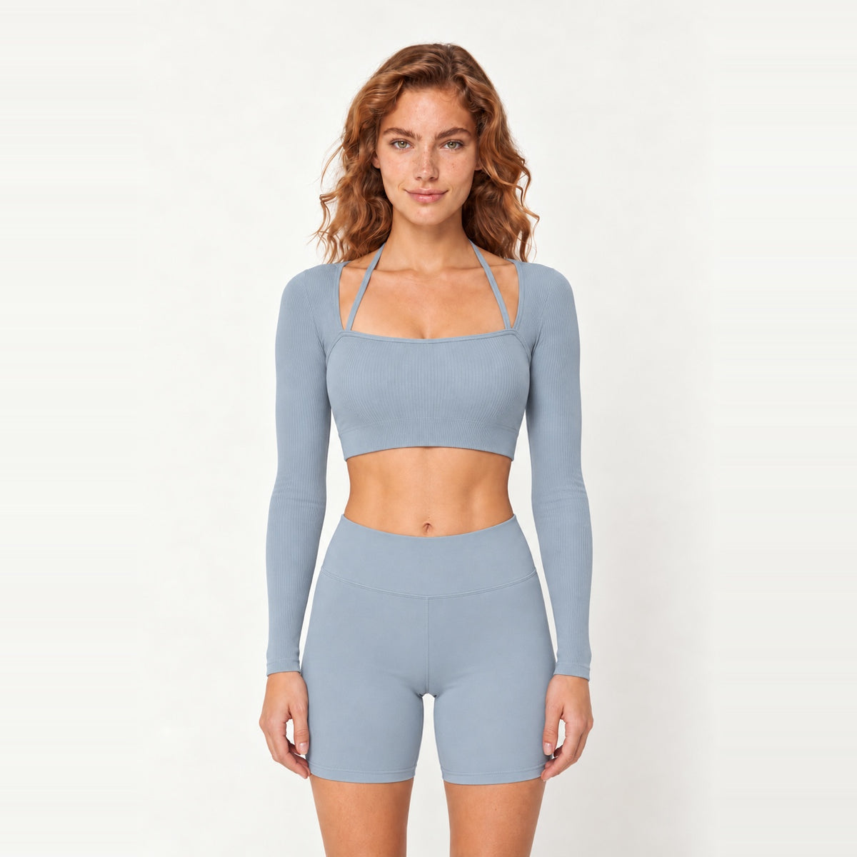 Long Sleeve Crop Top with Square Neckline - Gray