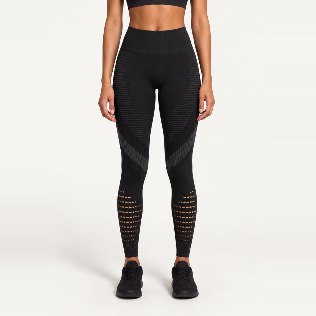 High-Waisted Leggings with Open-Knit Calf Panels - Black