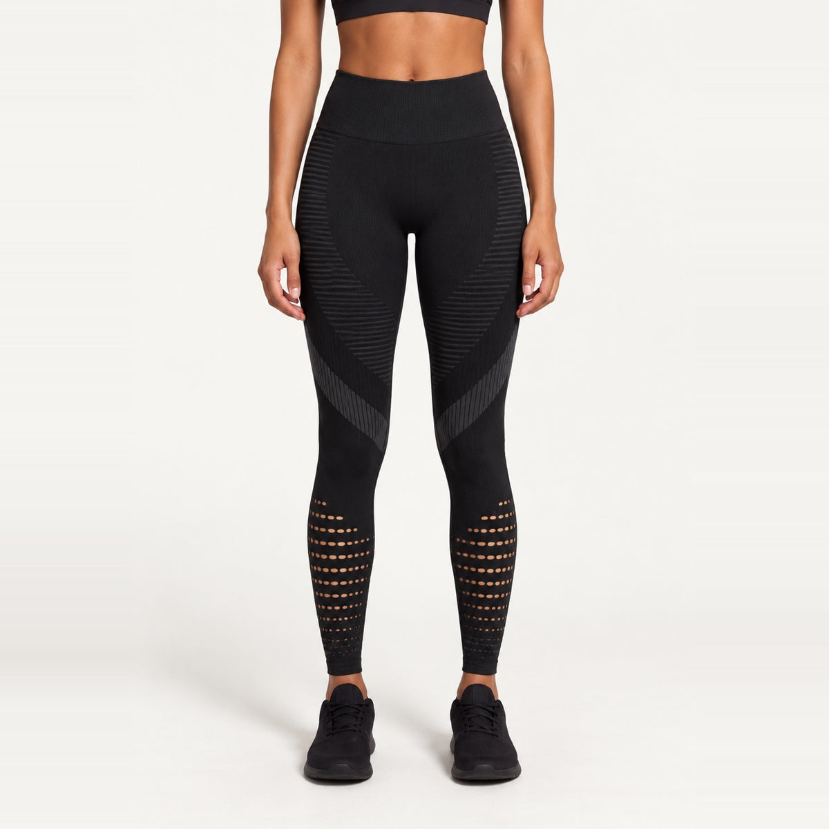 High-Waisted Leggings with Open-Knit Calf Panels - Black