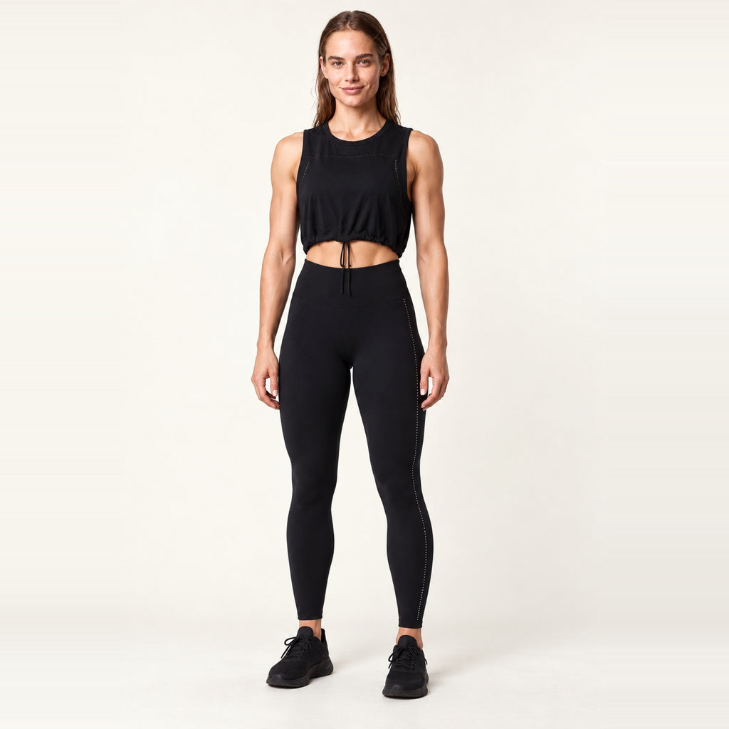 Drawstring Hem Crop Tank and Leggings Set - Black