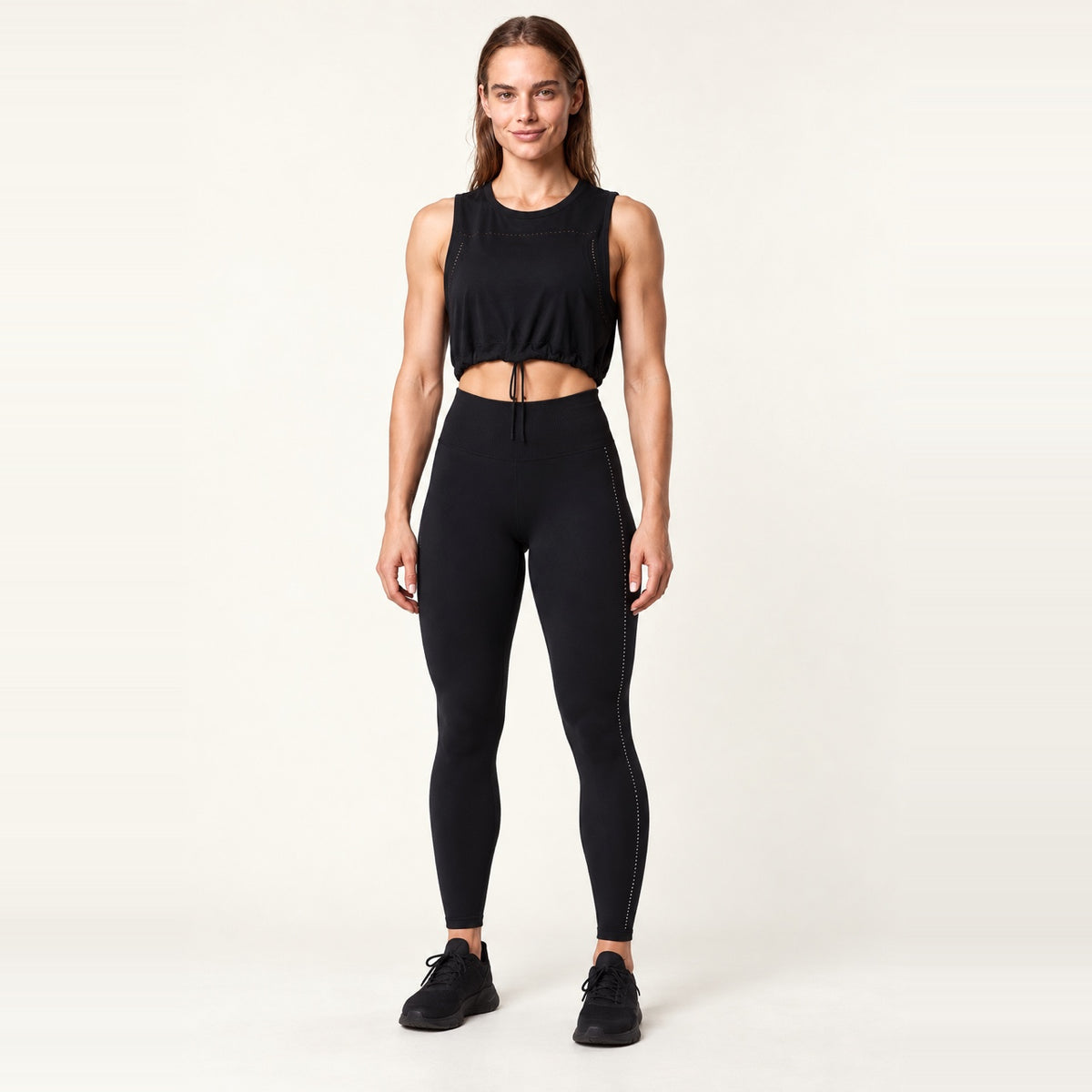 Drawstring Hem Crop Tank and Leggings Set - Black