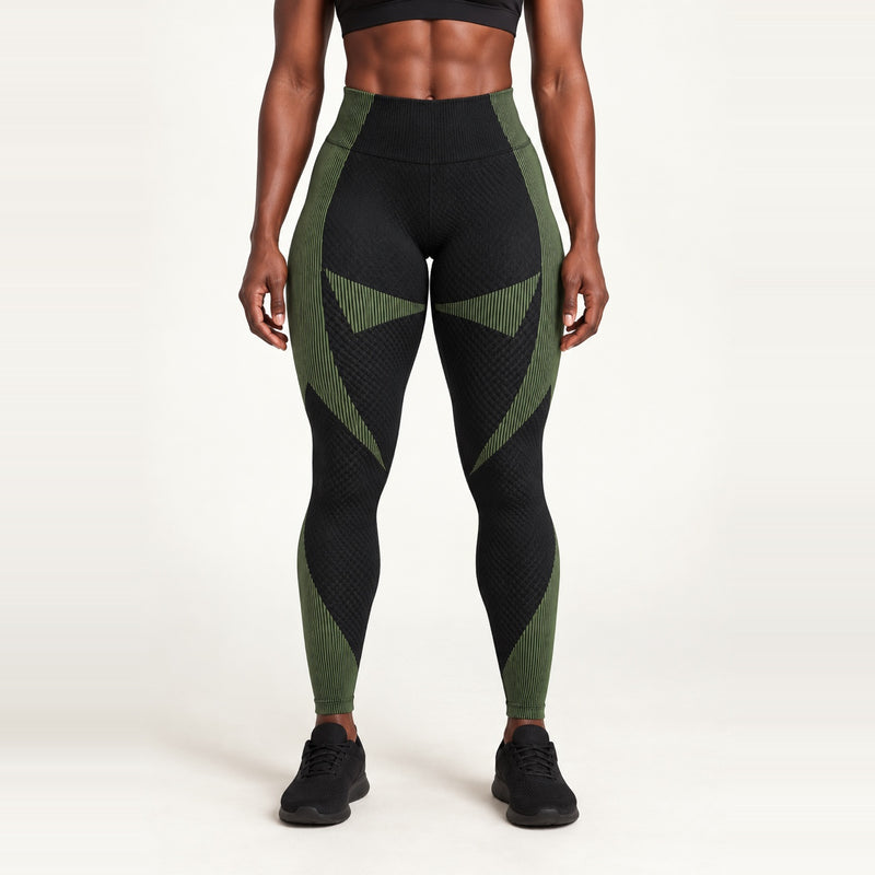 High-Waisted Leggings with Textured Panels - Black Olive Panels