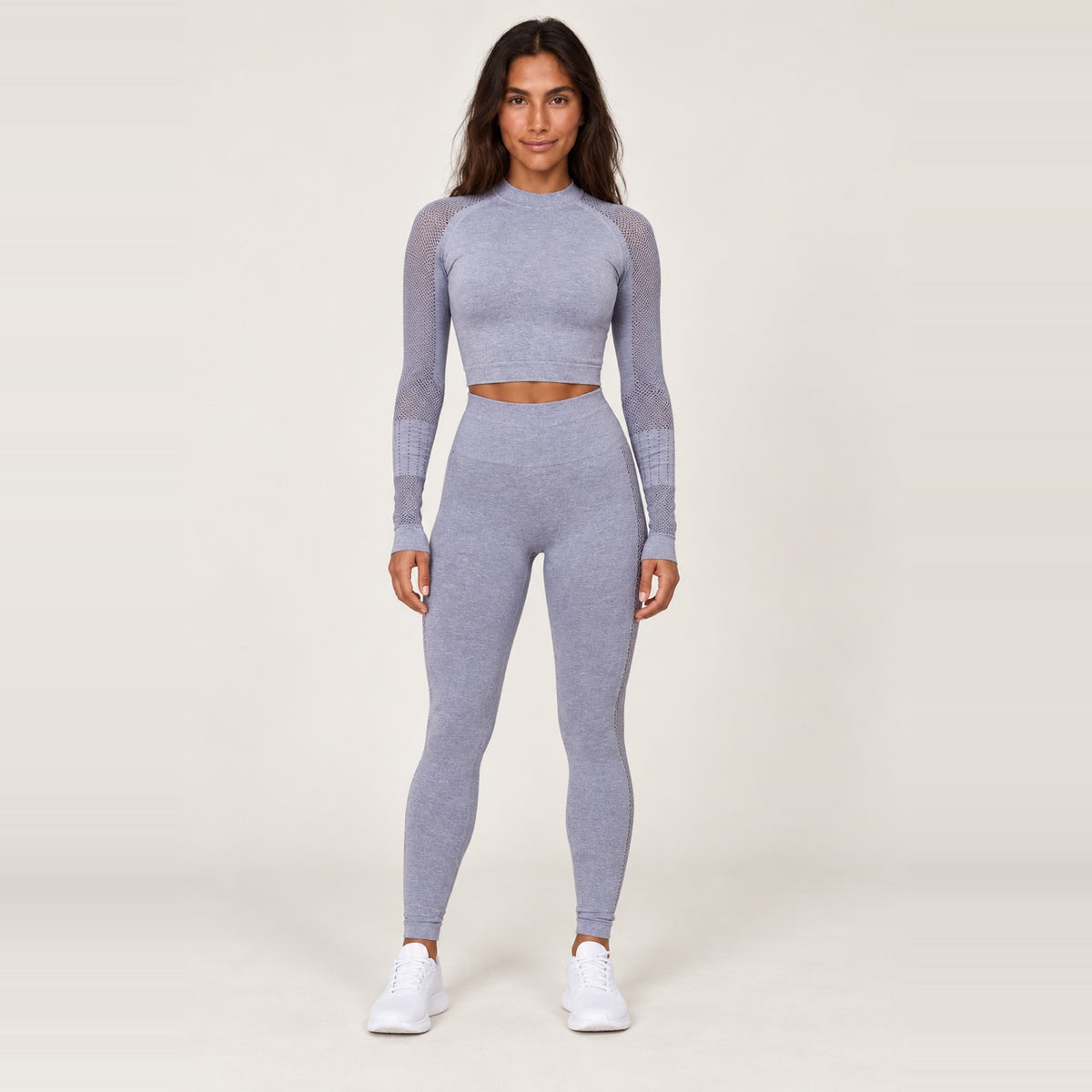 Long Sleeve Crop Top and Mesh Panel Leggings Set - Gray